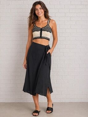 Jason Wu Black Linen long straight Skirt Knit Tank Crop top 2 piece Size 10. NEW